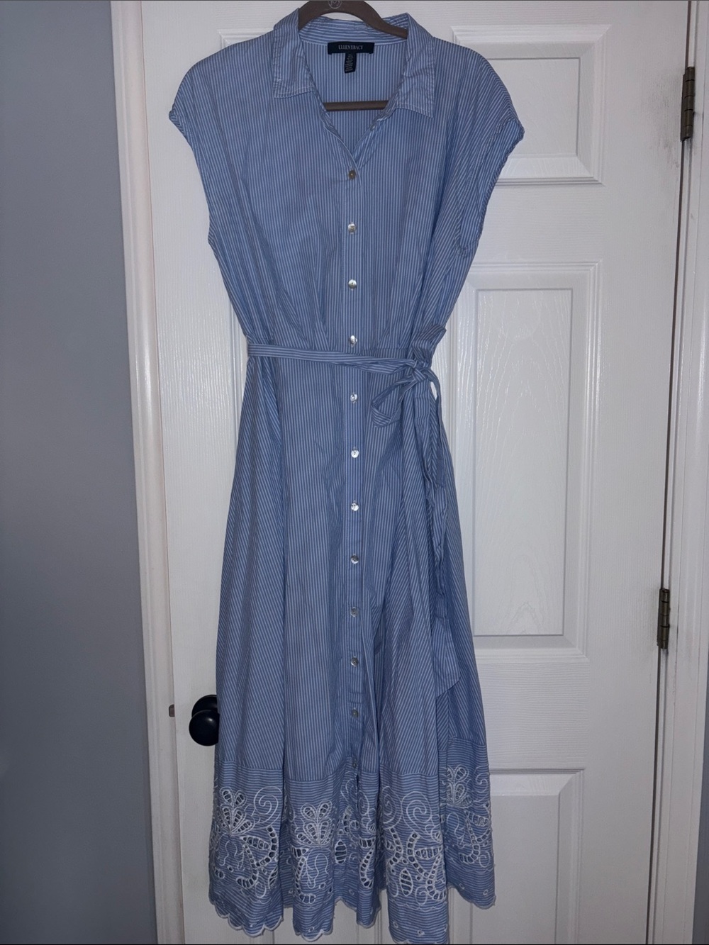 Ellen Tracy Blue Striped Maxi Dress with Embroidered Hem